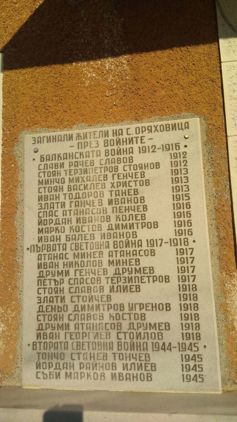 Паметна плоча на загиналите през войните - с. Оряховица